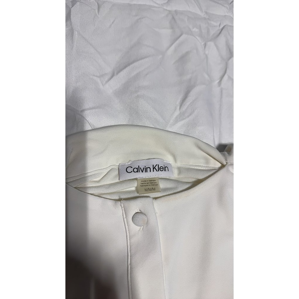 Calvin Klein Womens White Long Sleeve Button Up Tie Neck Blouse Modern Size M